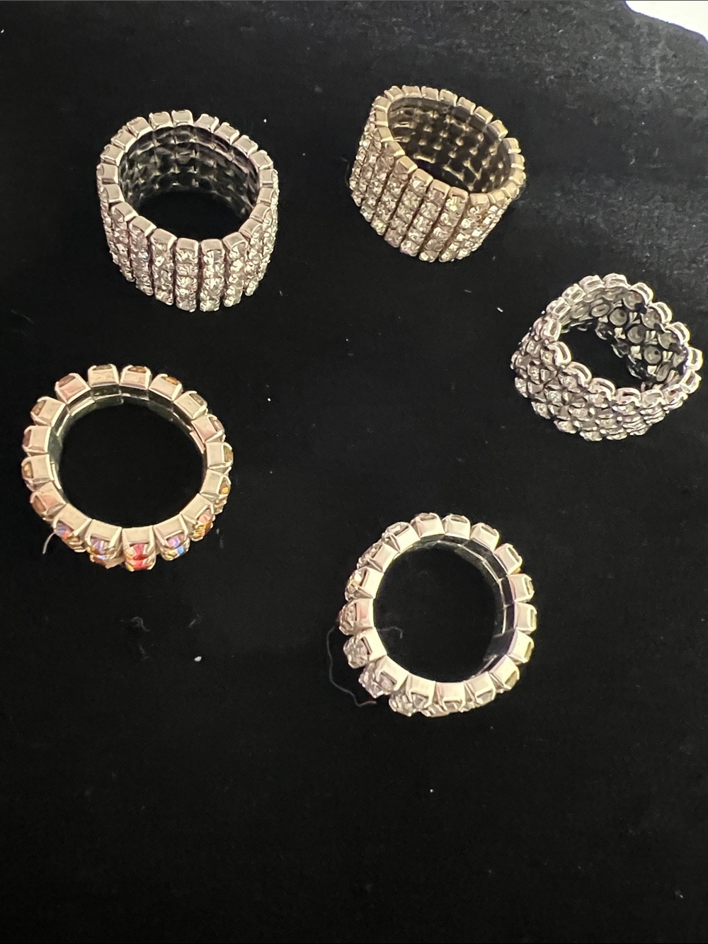 Crystal Pavé Stretch Rings - Clear and Aurora Borealis - Vintage - 5 Rings